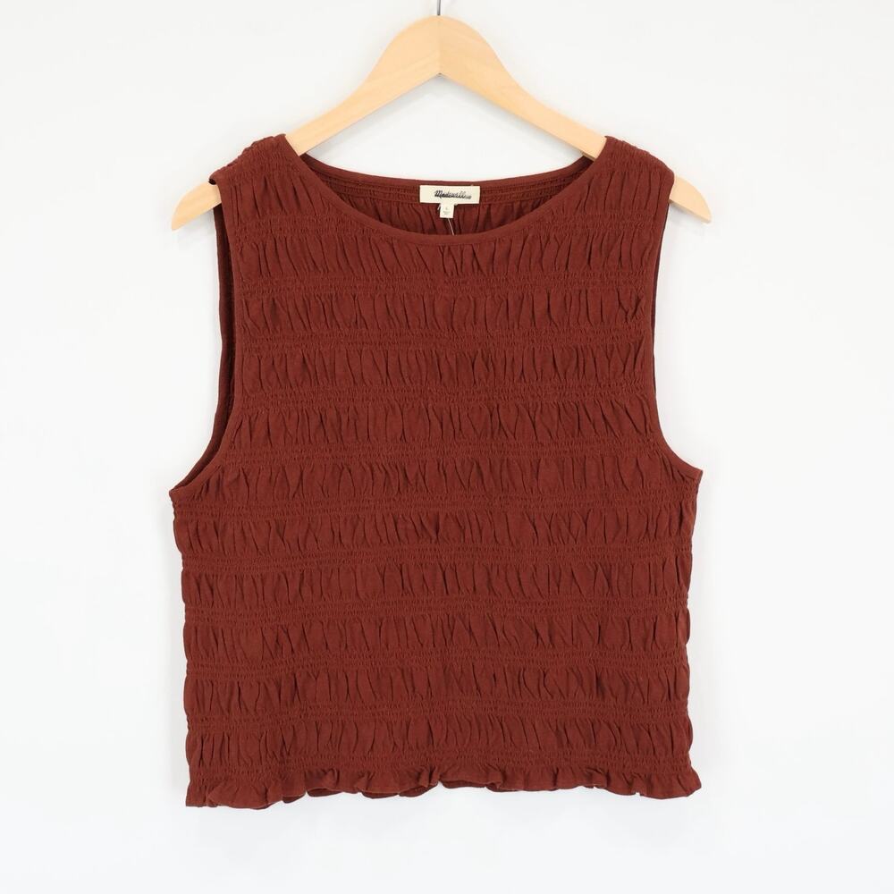 NWT Madewell Smocked Boatneck Tank Cotton-Linen Blend Henna Rust Size Large - Picture 3 of 9